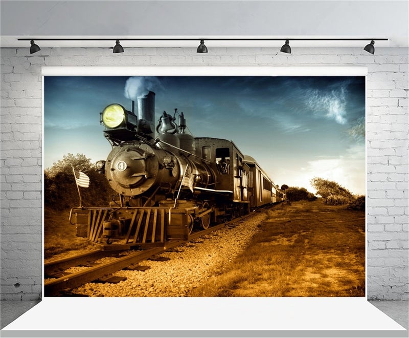 AOFOTO 7x5ft Old Train Locomotive Backdrop Vinyl Vintage Steam Engine Train Railway Photography Background Adult Man Boy Portrait Retro Nostalgia Photo Shoot Studio Props Video Drop - Image 3